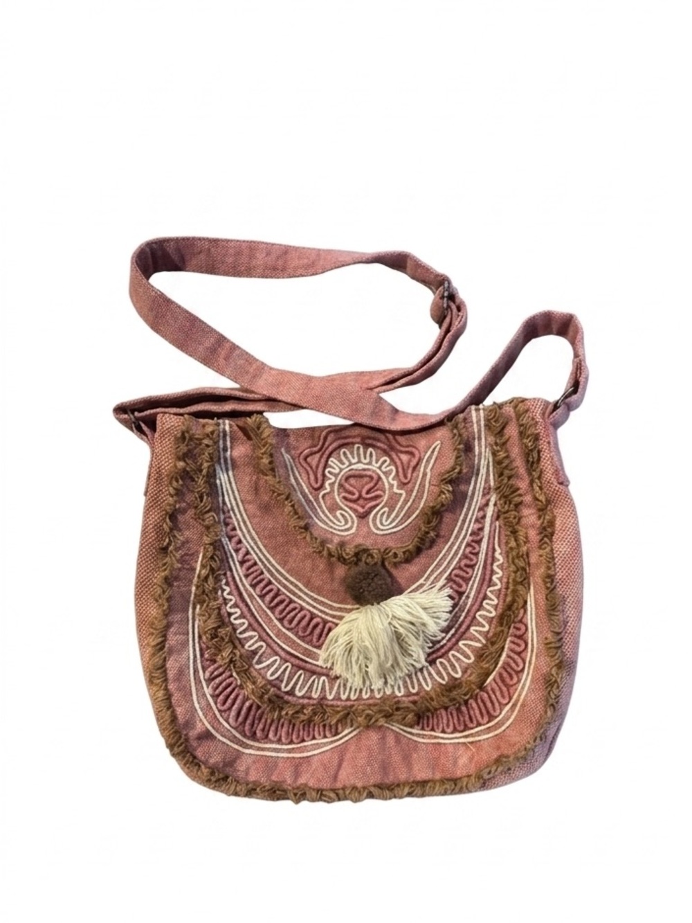 Bohemian Embroidered Dusty Rose Crossbody Bag with Tassel